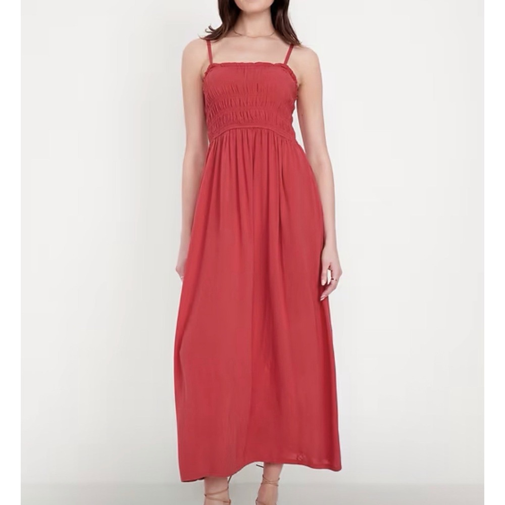 Old Navy Red Smocked Boho Maxi Dress Cottagecore Pockets Long Fit And Flare
